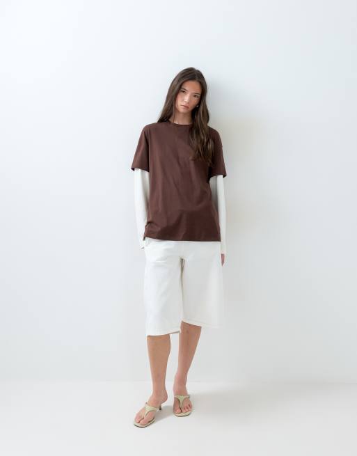 ASOS DESIGN oversized double layer t-shirt in choc & cream, 2 of 5