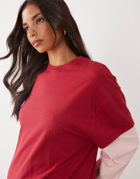 ASOS DESIGN oversized double layer t-shirt in red & pink - view 1
