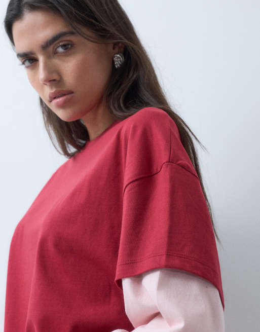 ASOS DESIGN oversized double layer t-shirt in red & pink, 5 of 5