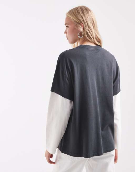 ASOS DESIGN oversized double layer T-shirt in washed gray & cream, 3 of 4