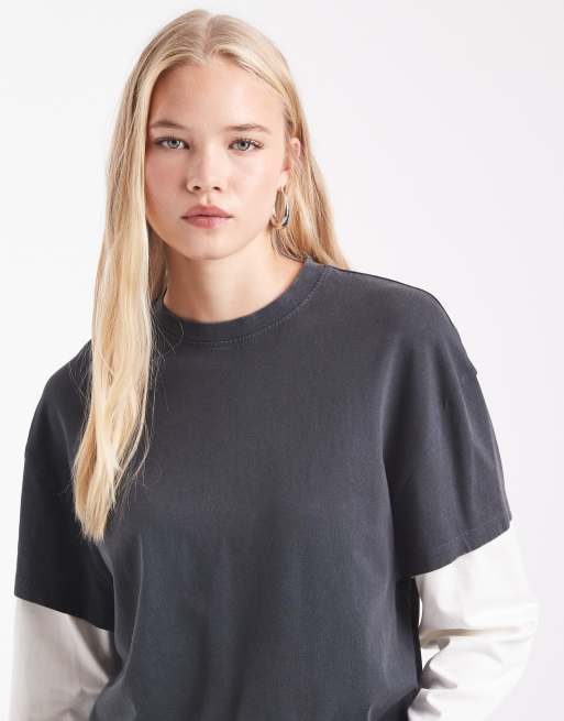 ASOS DESIGN oversized double layer T-shirt in washed gray & cream, 4 of 4