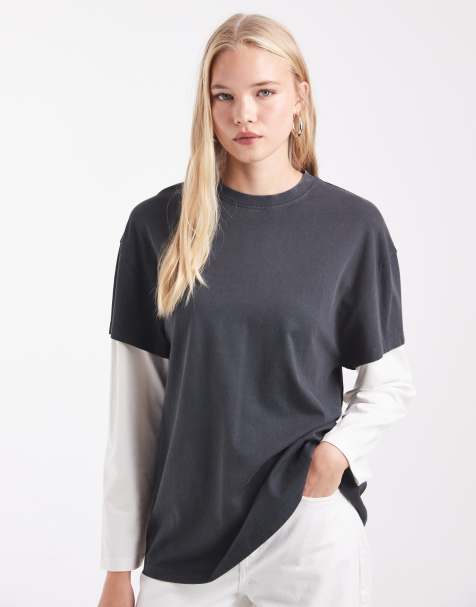 ASOS DESIGN oversized double layer t-shirt in washed grey & cream - view 1