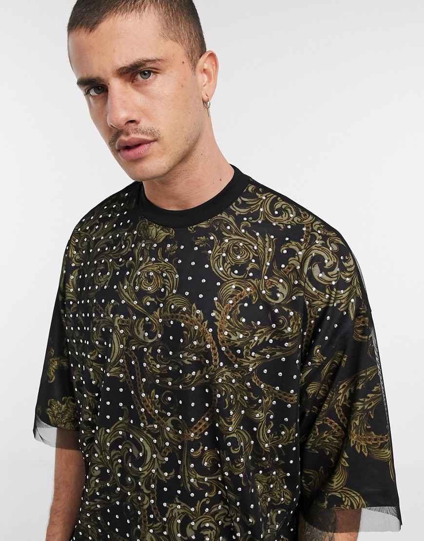ASOS DESIGN oversized double layer t-shirt with all over paisley print and embellished mesh-Black