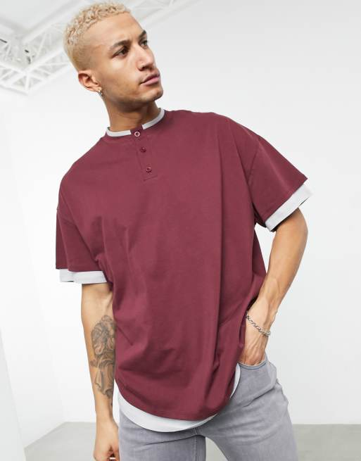 ASOS DESIGN oversized double layer t-shirt with granddad neck burgundy