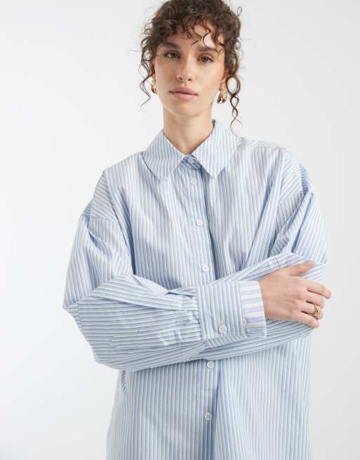 ASOS DESIGN oversized double layered shirt mini dress in blue mixed stripe, 2 of 4