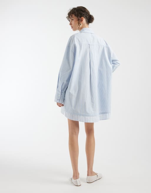 ASOS DESIGN oversized double layered shirt mini dress in blue mixed stripe, 4 of 4