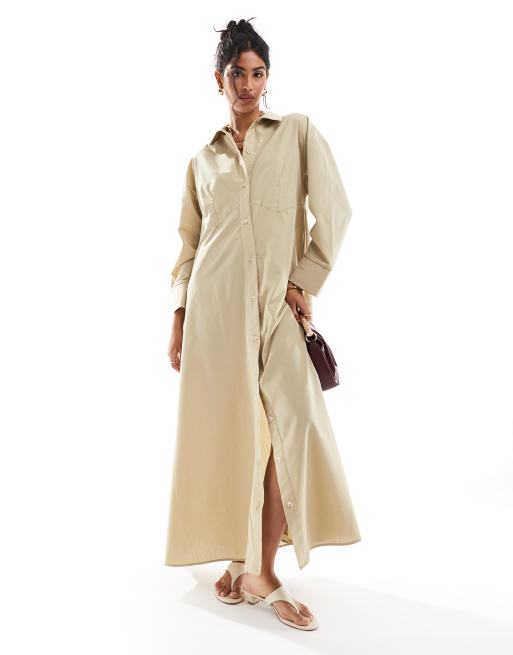 ASOS DESIGN oversized double point waist seam maxi shirt dress in camel ASOS