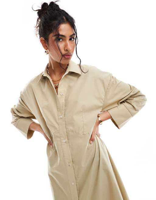 ASOS DESIGN oversized double point waist seam maxi shirt dress in camel ASOS