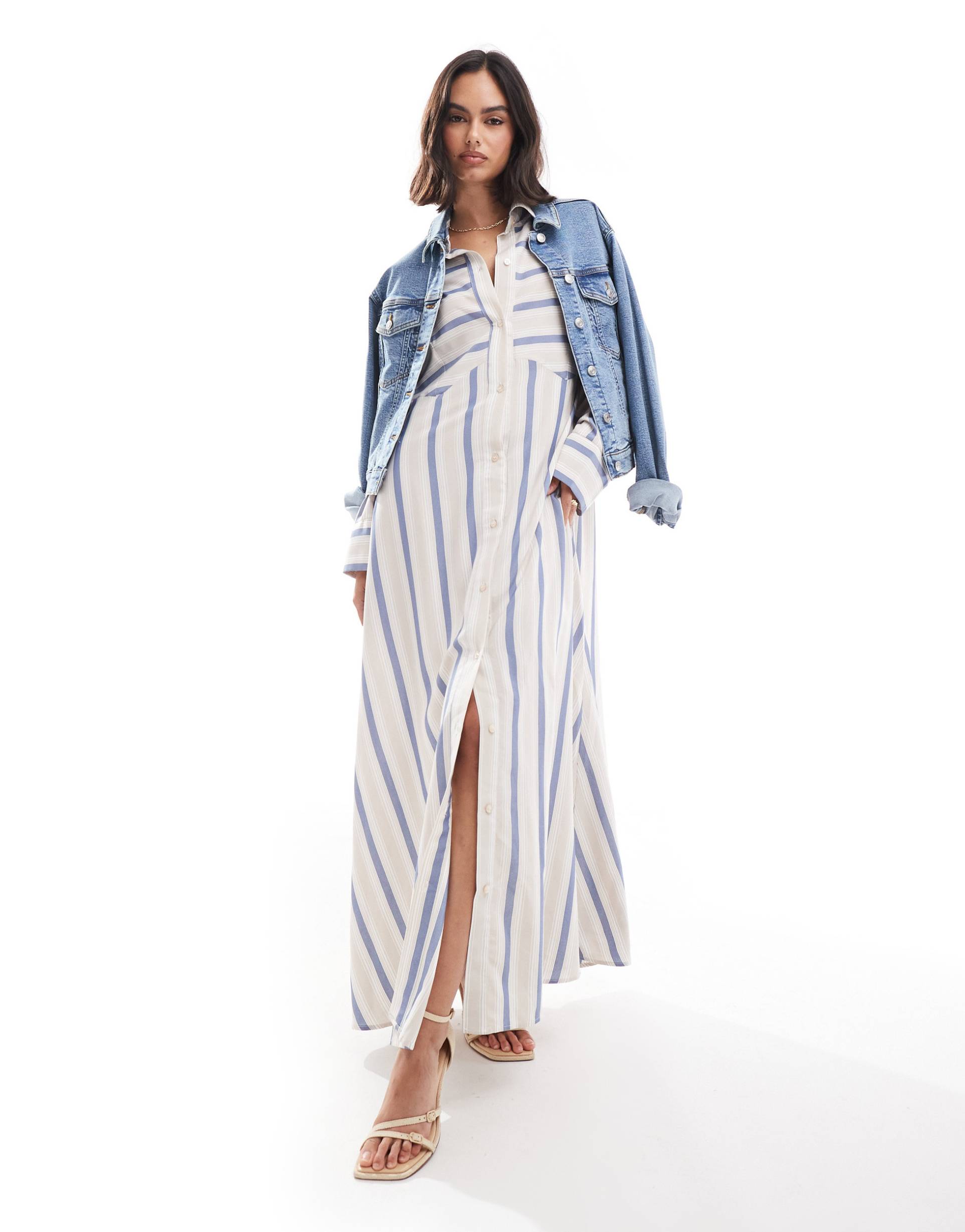 asos design oversized double point waist seam maxi shirt dress in stone and blue stripe