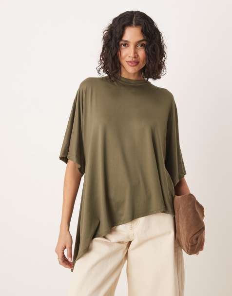 ASOS DESIGN oversized drapey hem t-shirt in khaki - view 1
