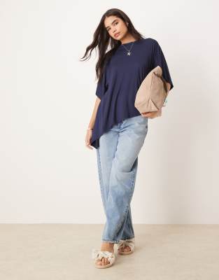 Asos Design Oversized Drapey Hem Tee In Navy