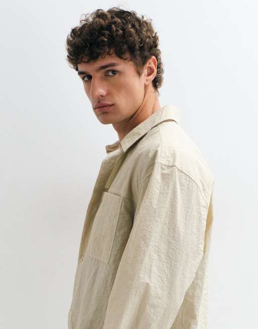 ASOS DESIGN oversized drapey shirt with double pockets in cream, 2 of 5
