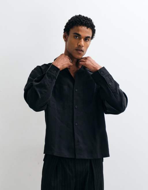 ASOS DESIGN oversized drapey shirt with stepped hem and pocket embroidery in black, 2 of 5