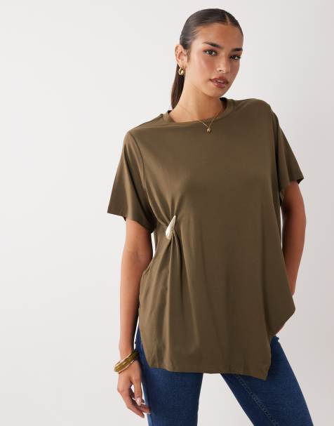 ASOS DESIGN oversized drapey T-shirt with hardware detail in khaki - view 1