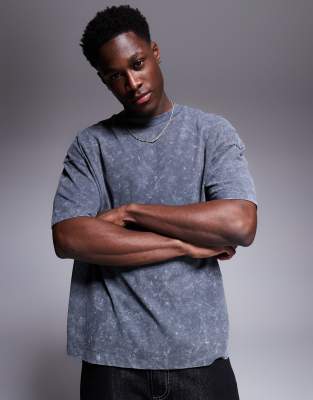 Asos Design Oversized Drop Shoulder Acid Wash T-shirt In Gray