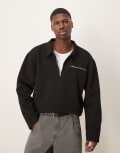 [ASOS DESIGN] ASOS DESIGN oversized drop shoulder boxy polo jumper with zip pocket in black XL BLACK