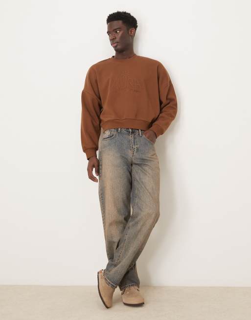 ASOS DESIGN oversized drop shoulder cropped sweatshirt with embroidery in brown