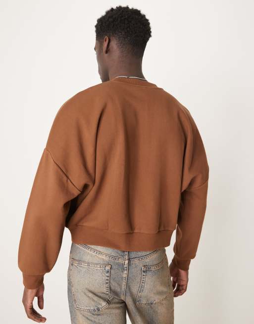 ASOS DESIGN oversized drop shoulder cropped sweatshirt with embroidery in brown