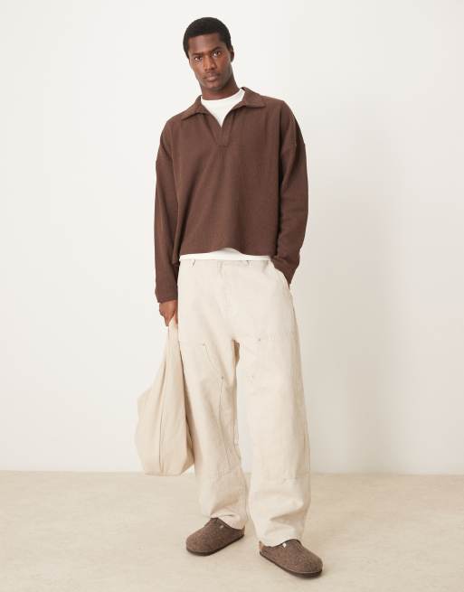 ASOS DESIGN oversized drop shoulder lightweight polo jumper with knit effect in brown, 2 of 4