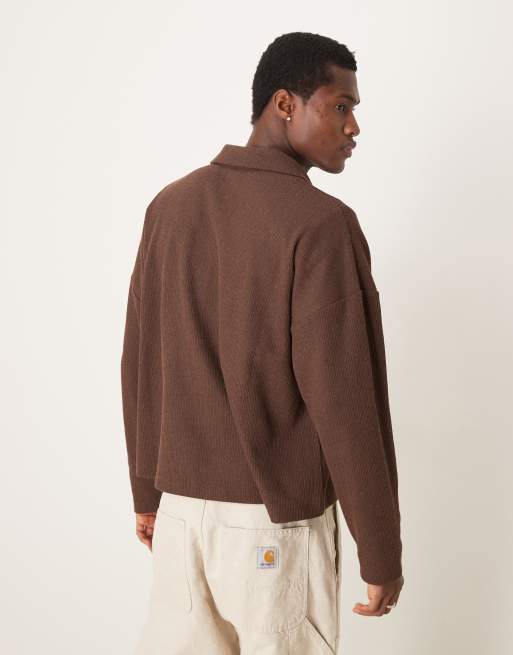 ASOS DESIGN oversized drop shoulder lightweight polo jumper with knit effect in brown, 3 of 4