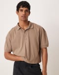 [ASOS DESIGN] ASOS DESIGN oversized drop shoulder polo shirt in stone-Neutral L Desert taupe