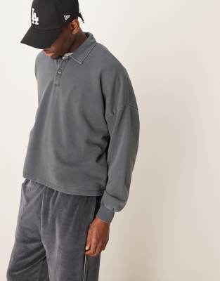 oversized drop shoulder polo sweater in washed black-Gray