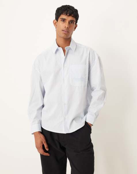 ASOS DESIGN oversized drop shoulder shirt with embroidery in blue and white stripe  - view 1