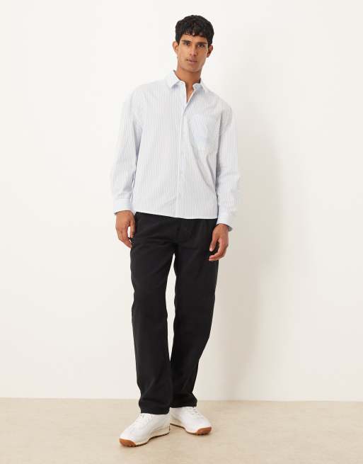 ASOS DESIGN oversized drop shoulder shirt with embroidery in blue and white stripe , 2 of 5