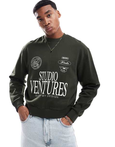 ASOS DESIGN oversized drop shoulder sweatshirt with studio ventures print in green - view 1