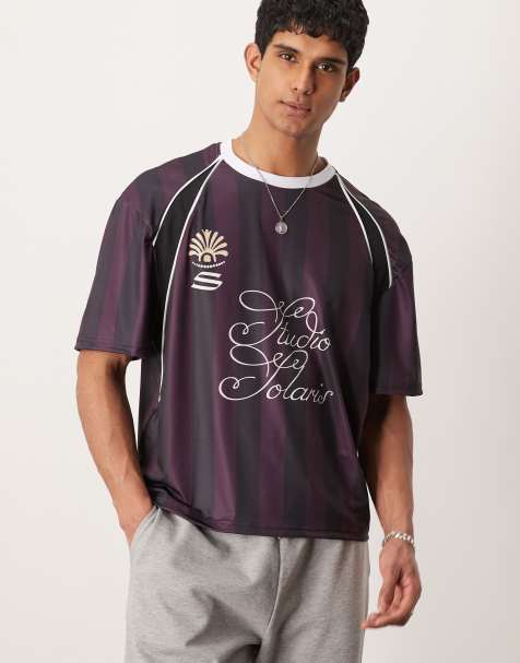 ASOS DESIGN oversized drop shoulder t-shirt with piping in burgundy stripe - view 1