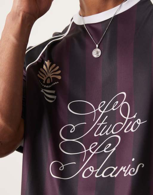 ASOS DESIGN oversize drop shoulder t-shirt with piped panels in burgundy stripe