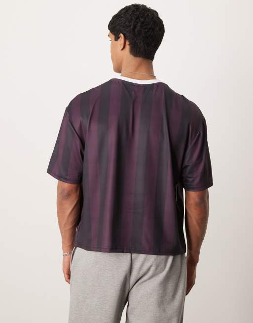 ASOS DESIGN oversize drop shoulder t-shirt with piped panels in burgundy stripe