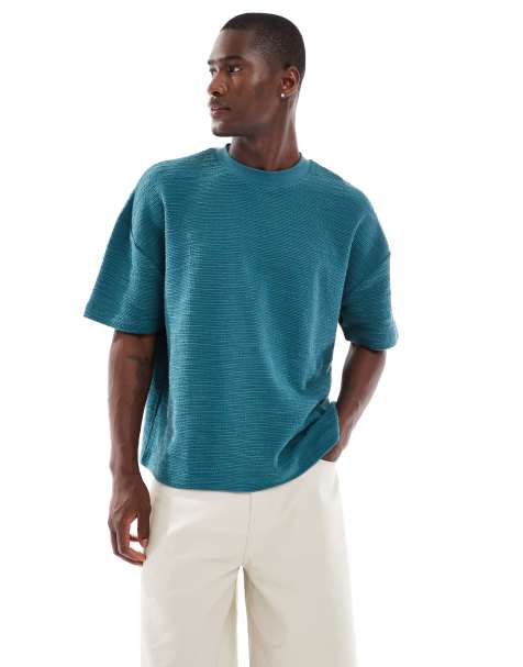 ASOS DESIGN oversized drop shoulder textured boxy T-shirt in turquoise - view 1