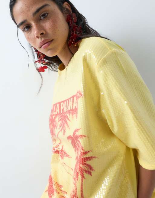 ASOS DESIGN Oversized drop sleeve T-shirt with La Palma graphic in yellow sequin, 3 of 5