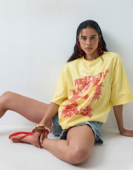 ASOS DESIGN Oversized drop sleeve T-shirt with La Palma graphic in yellow sequin, 5 of 5