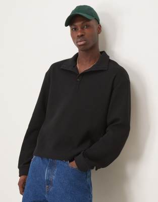 oversized dropped shoulder boxy brushed waffle funnel neck sweatshirt in black