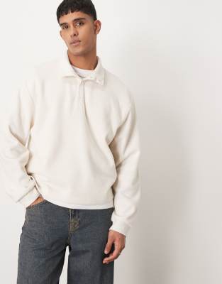 Asos Design Oversized Dropped Shoulder Boxy Brushed Waffle Funnel Neck Sweatshirt In Ecru-neutral