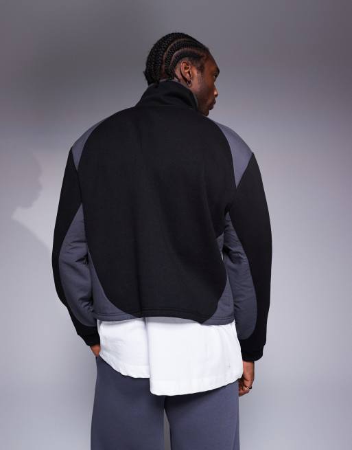 ASOS DESIGN oversized dropped shoulder boxy funnel neck sweatshirt in with nylon panels in black, 3 of 4