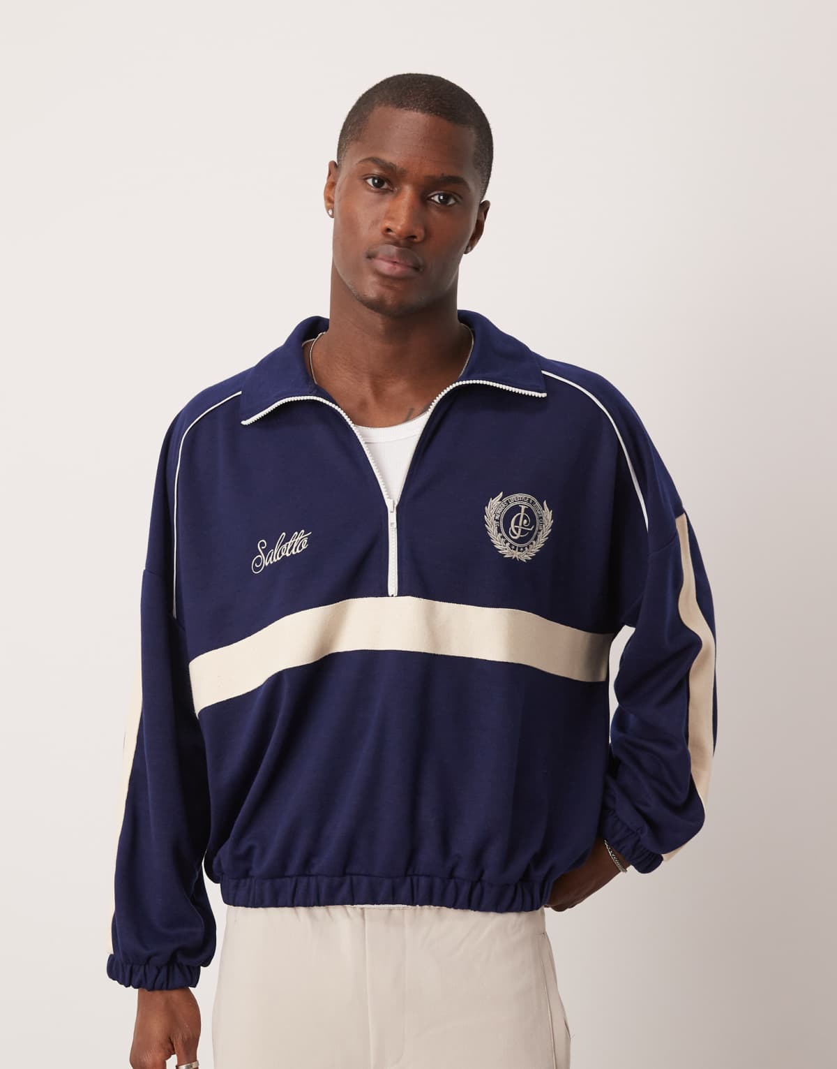ASOS DESIGN oversized dropped shoulder boxy half zip jumper with chest print in navy