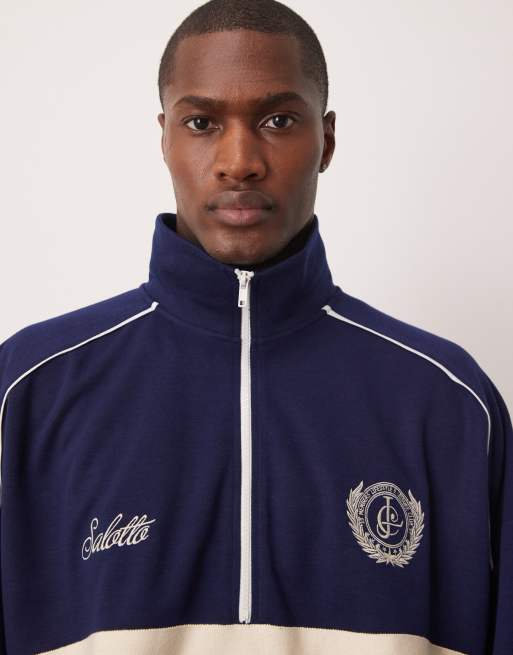 ASOS DESIGN oversized dropped shoulder boxy half zip sweater with chest print in navy