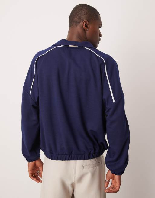 ASOS DESIGN oversized dropped shoulder boxy half zip sweater with chest print in navy