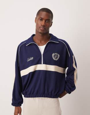 Asos Design Oversized Dropped Shoulder Boxy Half Zip Sweater With Chest Print In Navy