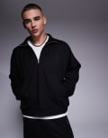 [ASOS DESIGN] ASOS DESIGN oversized dropped shoulder boxy hoodie with zip funnel neck in black (part of a set) L BLACK