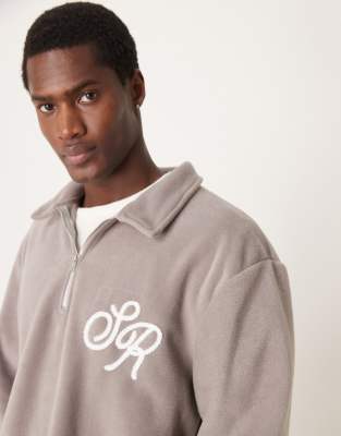 ASOS DESIGN ASOS DESIGN oversized dropped shoulder boxy polo jumper with embroidery in beige fleece-Neutral