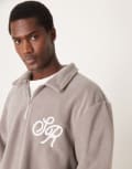 [ASOS DESIGN] ASOS DESIGN oversized dropped shoulder boxy polo jumper with embroidery in beige fleece-Neutral XL String