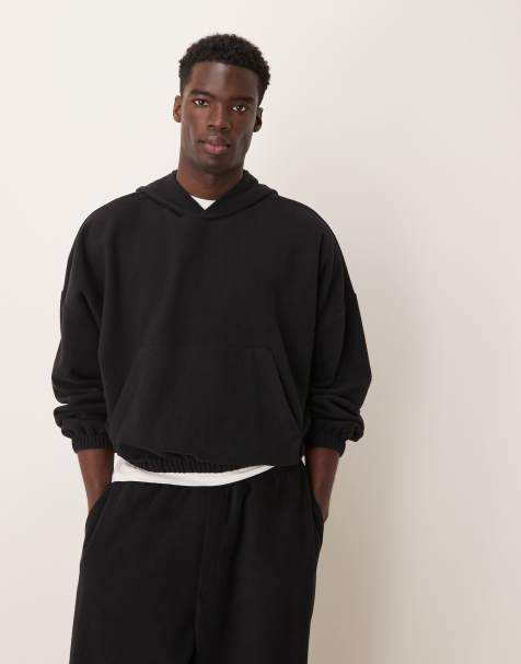 ASOS DESIGN oversized dropped shoulder cropped hoodie in heavyweight brushed rib in black - part of a set - view 1