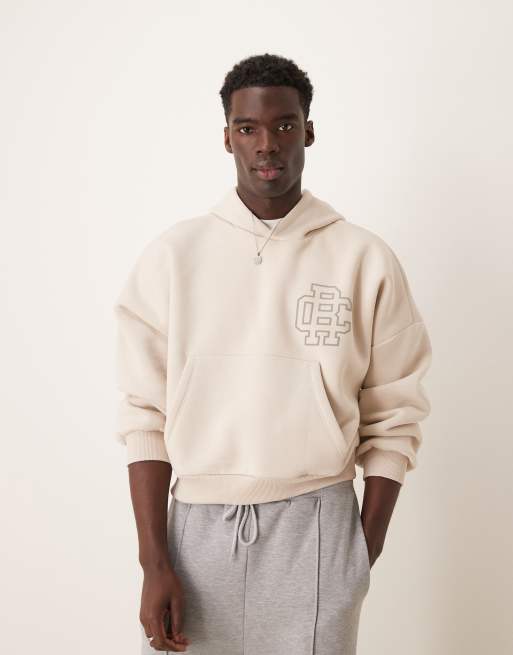 ASOS DESIGN oversized dropped shoulder cropped hoodie with collegiate chest print in oatmeal heather ASOS