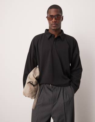 ASOS DESIGN oversized dropped shoulder cropped polo in black in scuba-style fabric