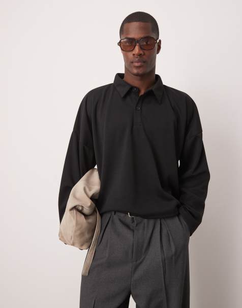 ASOS DESIGN oversized dropped shoulder cropped polo in scuba-style fabric in black