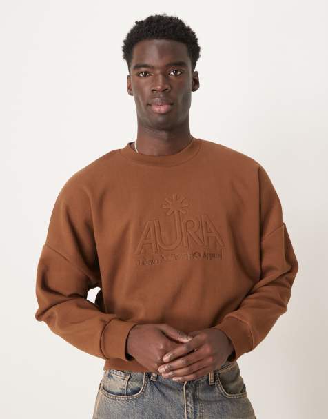 ASOS DESIGN oversized dropped shoulder cropped sweatshirt with embroidery in brown - view 1
